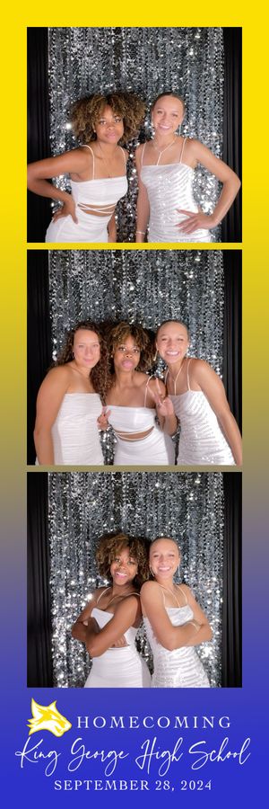 Homecoming photo booth strip with white dresses against sparkly silver backdrop for September 28, 2024.