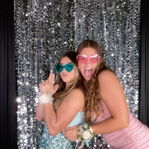 Group photo booth shots with colorful sunglasses against a silver sequin backdrop.