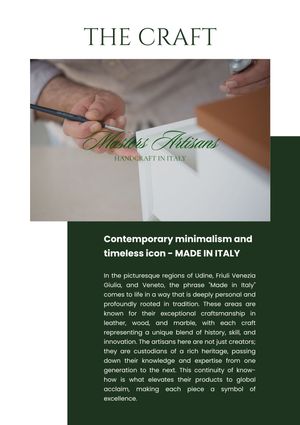 A calligrapher writes elegant script on white paper next to marketing text about Italian craftsmanship and minimalism.
