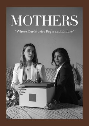 Black and white magazine cover titled MOTHERS featuring two individuals seated with a wooden box, subtitled about stories.