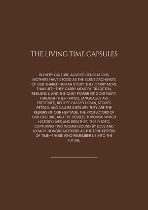 White text on a dark brown background displays a poetic passage about mothers as living time capsules across generations.