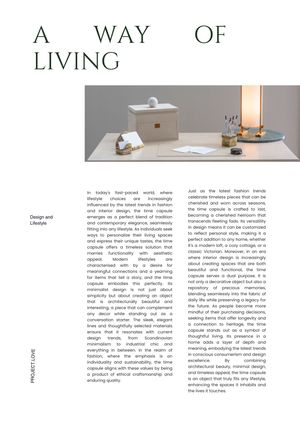 A clean modern minimalist interior design spread featuring text layouts and decorative elements on white backgrounds.