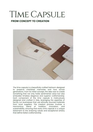 An aesthetic layout showing a time capsule design concept with white and brown material samples arranged on neutral background.