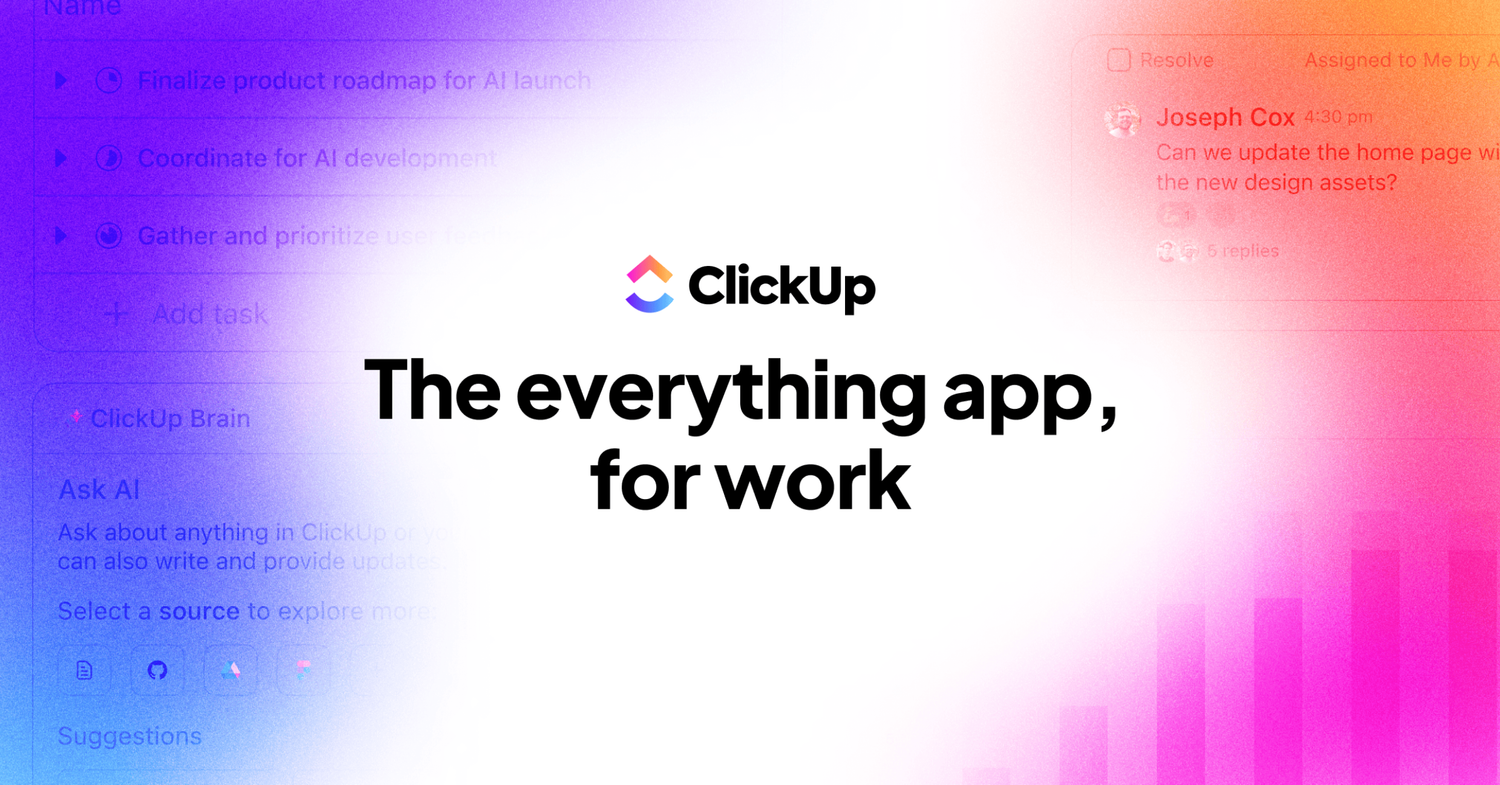 ClickUp app promotional banner with gradient background and "everything app for work" tagline.