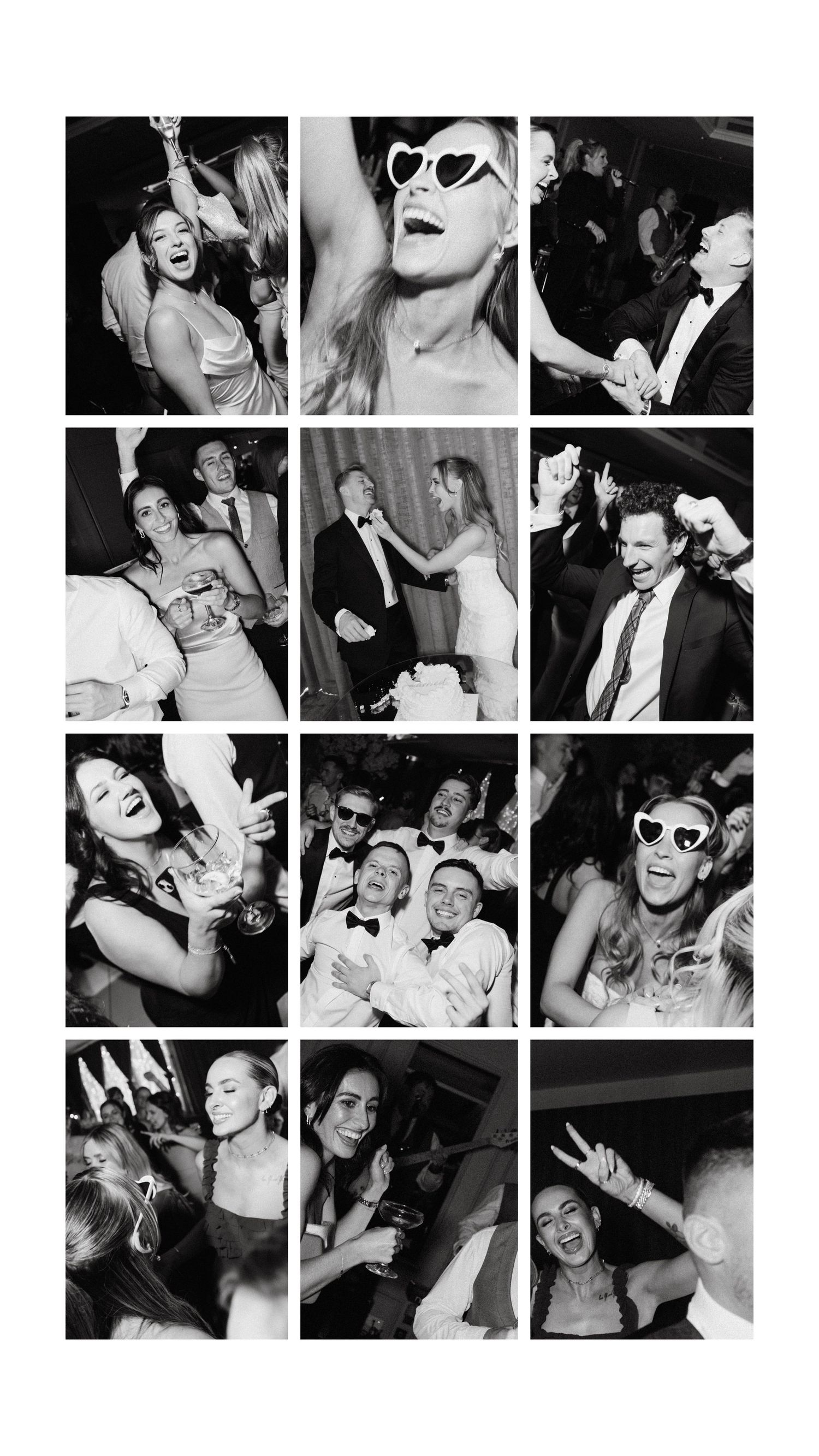 Black and white photo collage capturing candid party moments of people dancing, laughing and celebrating with high energy.