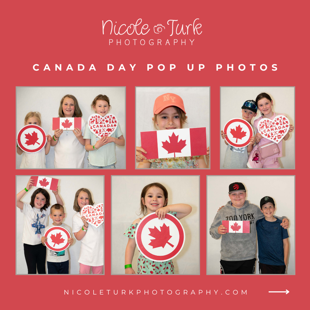 A collage of photos taken during a Canada Day pop-up photo booth. Children and families pose happily holding Canada-themed props