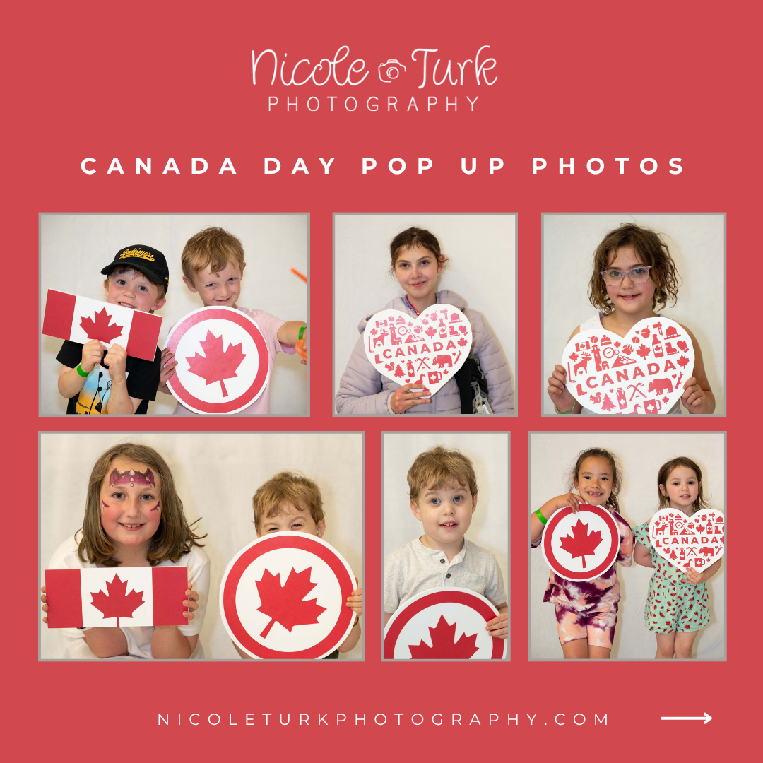 maple leaf signs, heart-shaped decorations, and Canadian flags. All subjects are smiling and dressed in casual summer outfits.