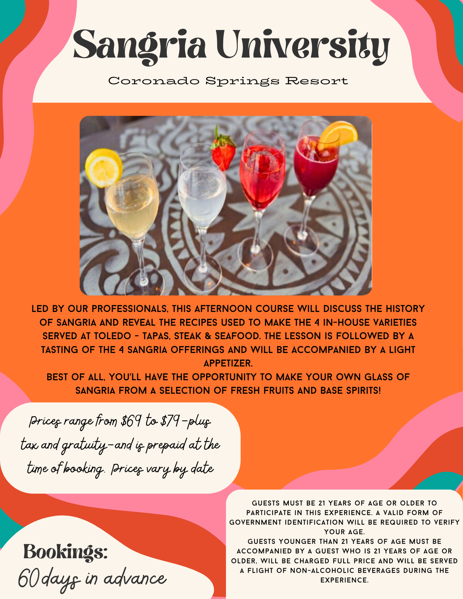 Colorful advertisement for Sangria University mixology class with drink images and booking details.