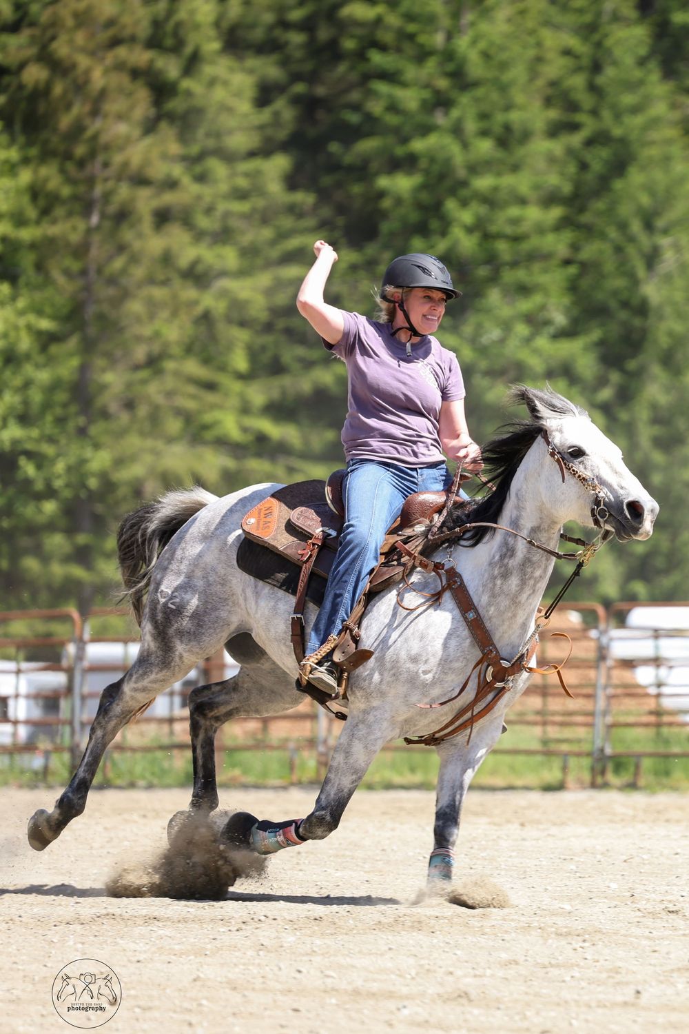 A sequence of photos showing a horse bucking and throwing its rider in a sandy arena with green trees in the background.
