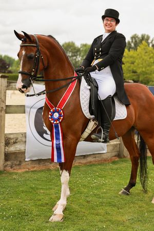 Woman in formal equestrian attire rides a bay horse adorned with a large red, white, and blue rosette award ribbon.
