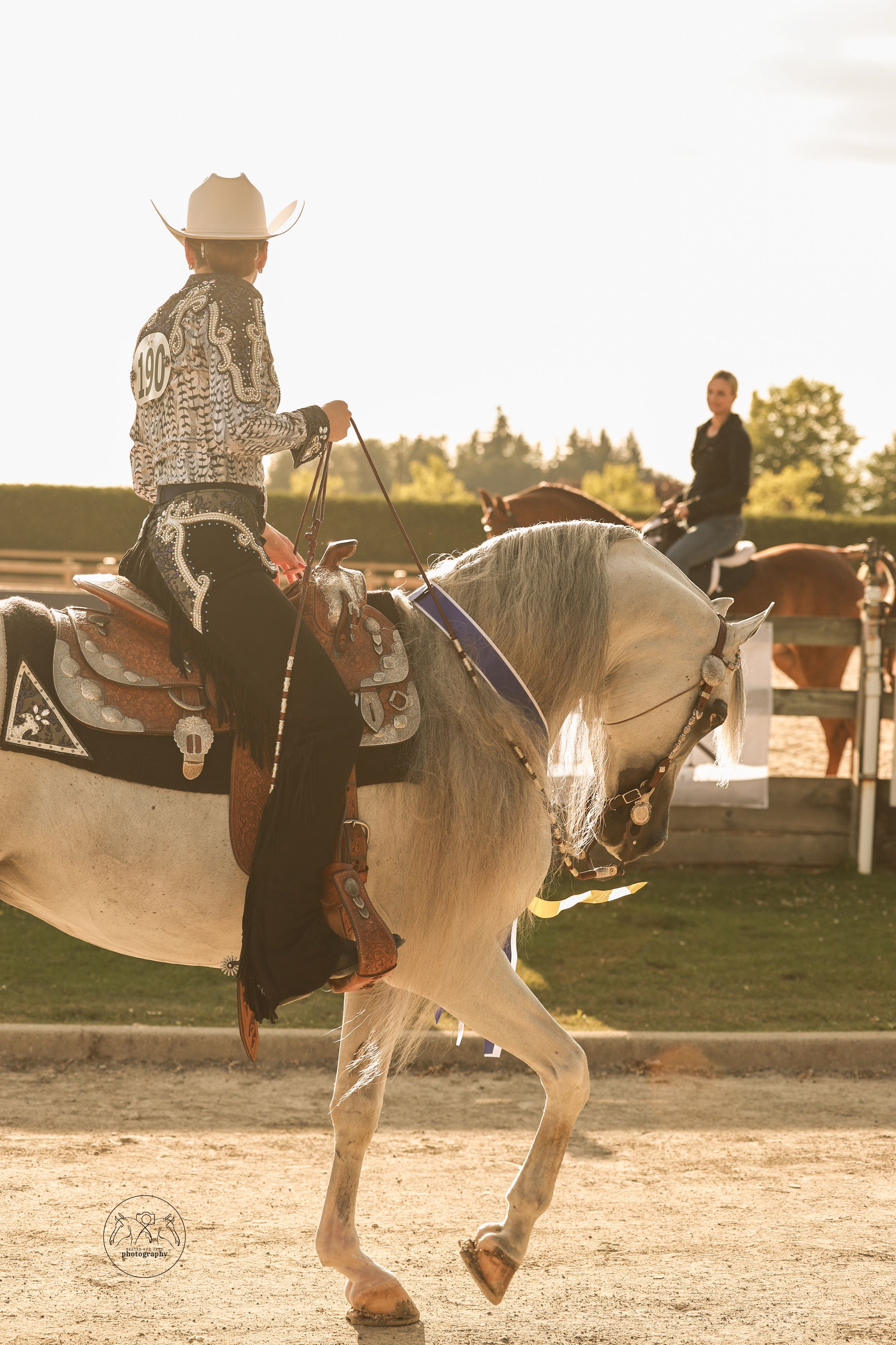 Rider in embroidered jacket on gray horse performing at equestrian show in golden hour light.