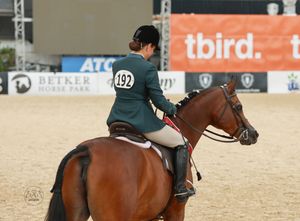 Equestrian rider #192 in teal jacket on bay horse at Betker Horse Park competition arena.