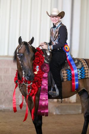 Two horses with colorful ribbons and decorations competing in an indoor arena.