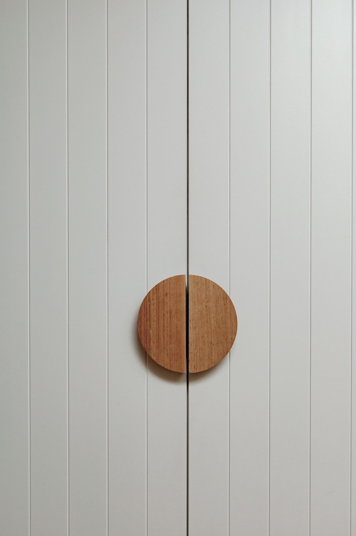 Minimalist white paneled door featuring a circular wooden handle in the center.