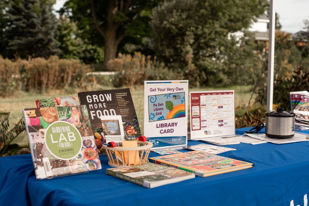 Books and educational materials displayed on blue tablecloth at outdoor event.
