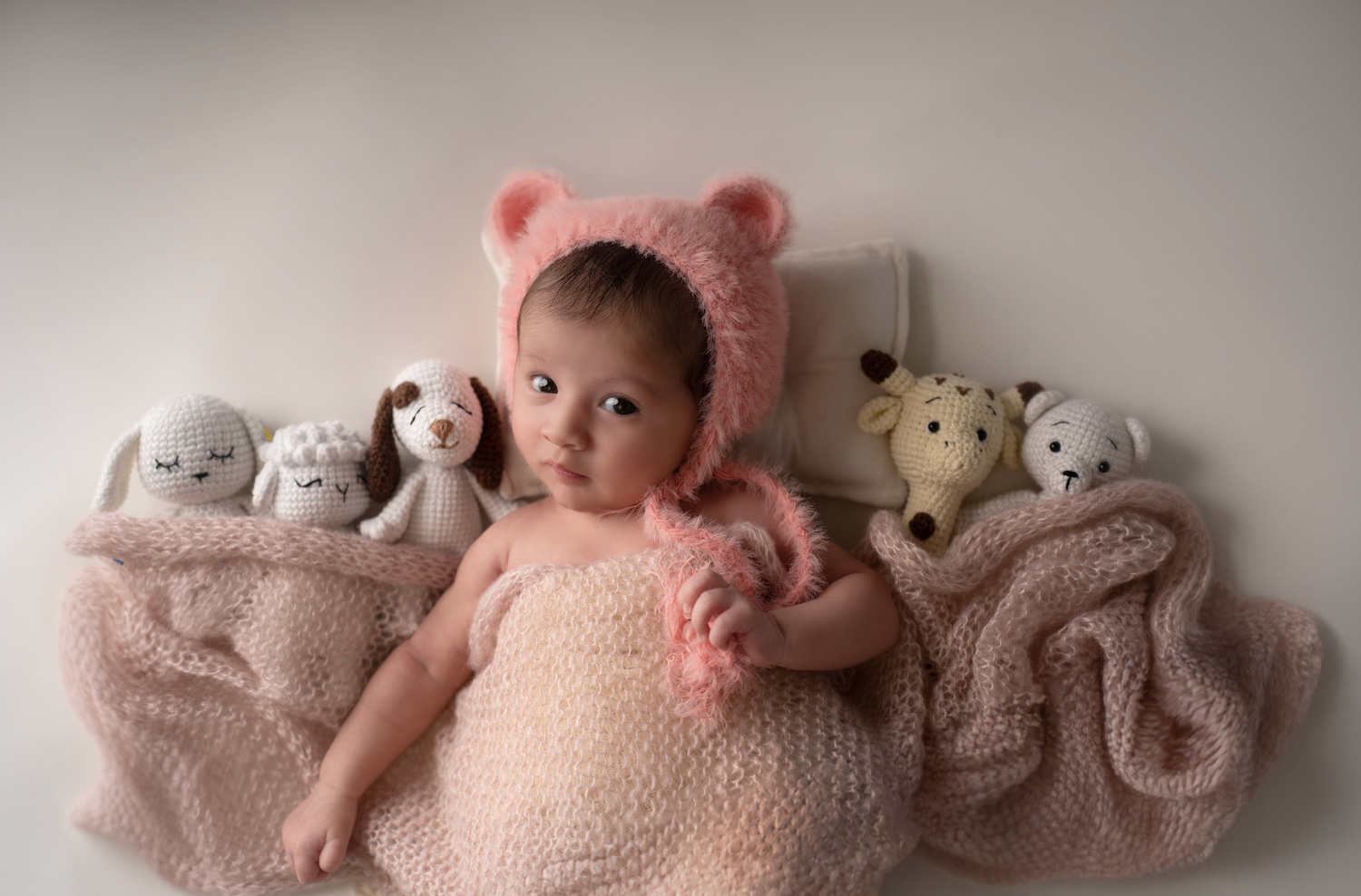 Newborn baby in pink knit bear bonnet and wrap surrounded by stuffed animal toys on soft pink blanket. Embracing Life’s Beauty