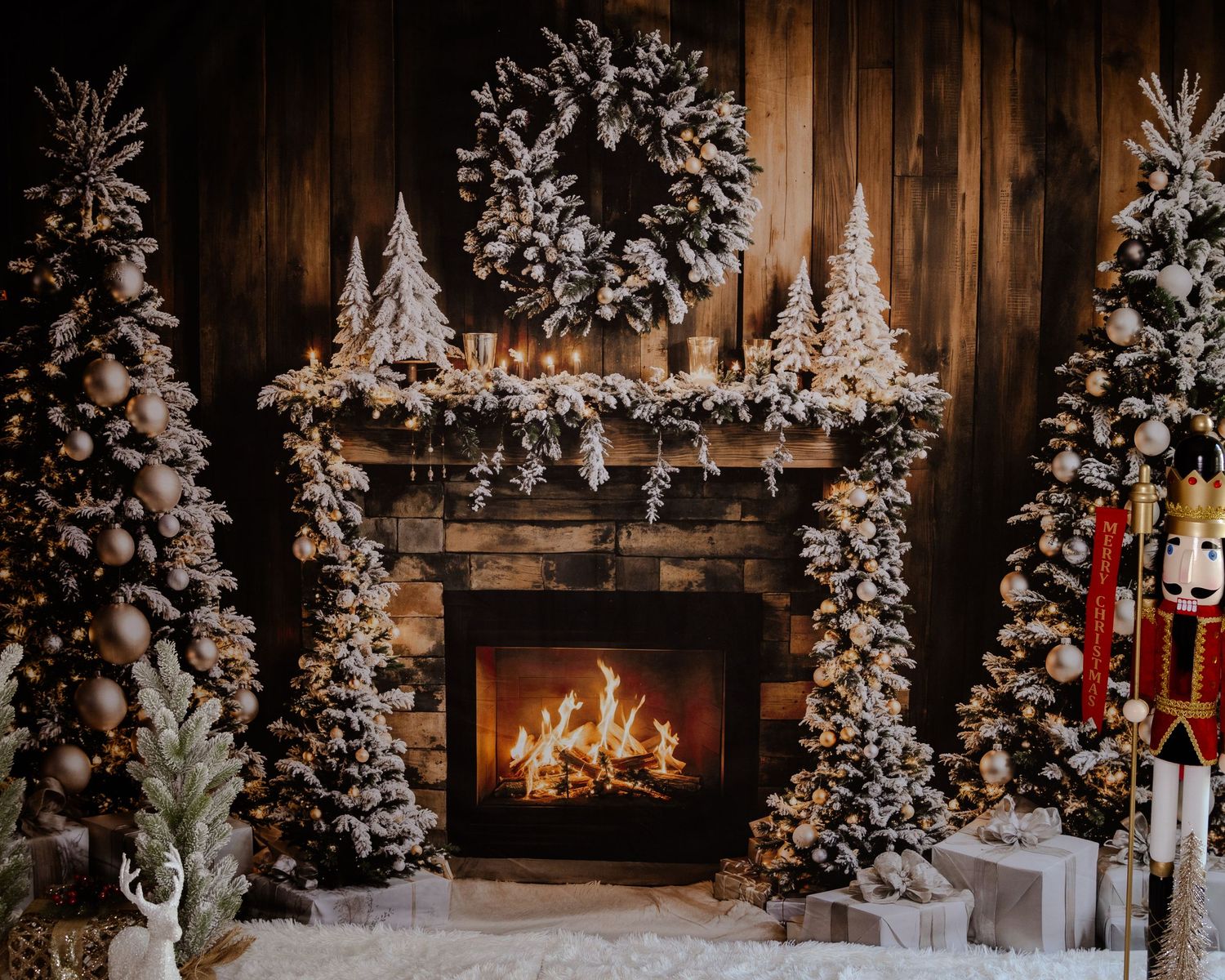 A rustic winter scene with snow-covered trees and a warm fireplace creating a cozy holiday atmosphere.
