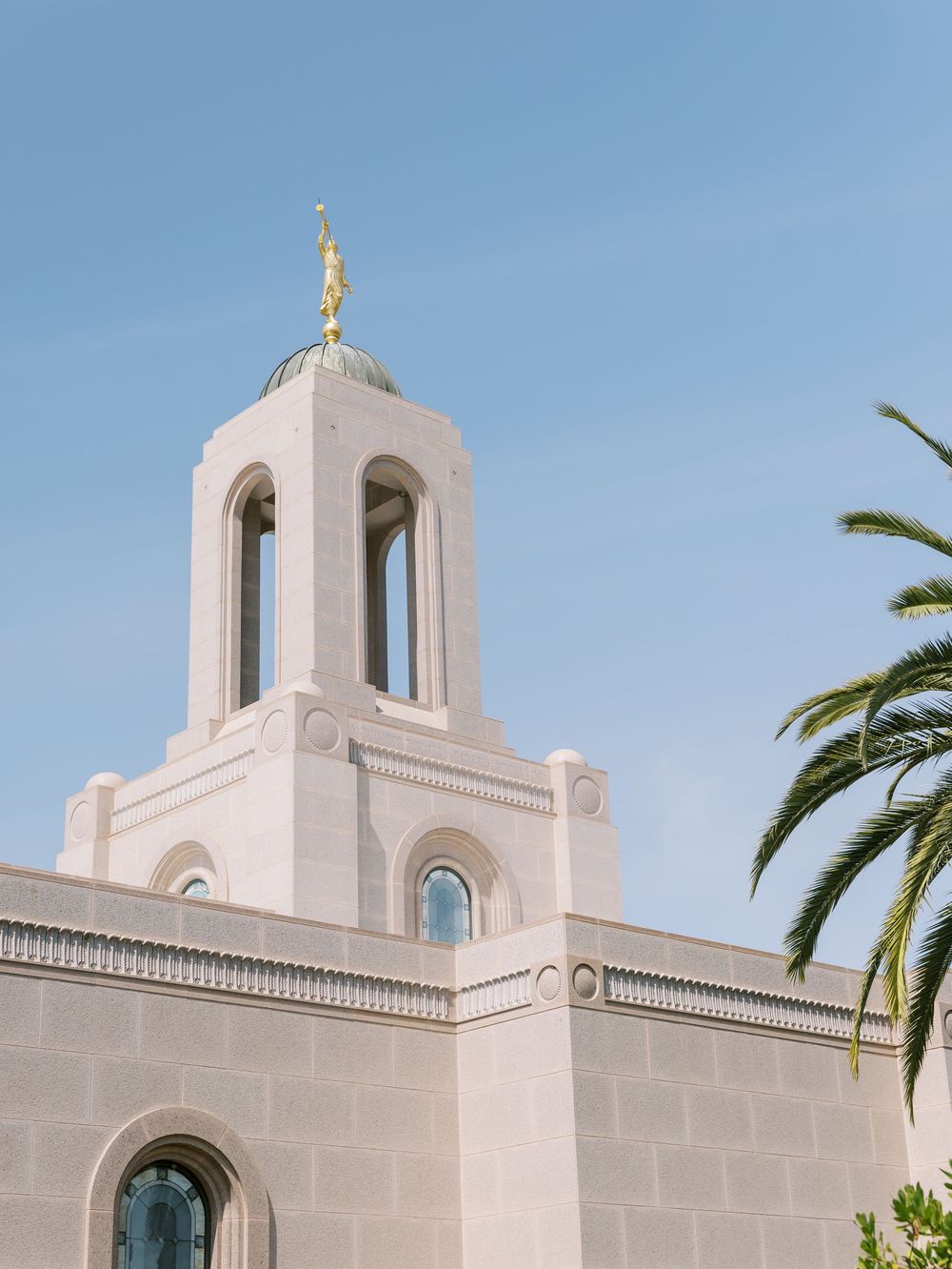 White church steeple against blue sky with palm tree fronds visible in the corner.