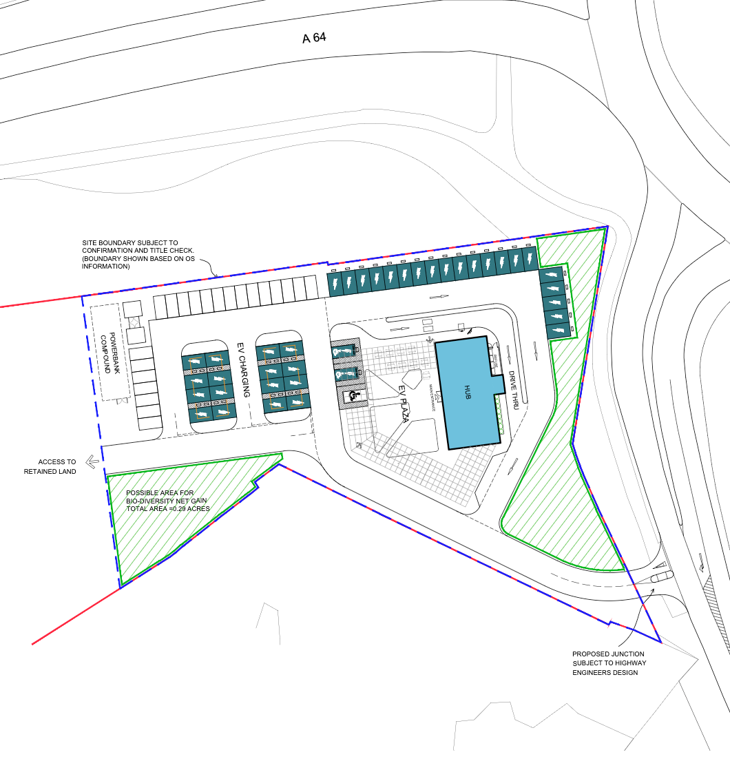Architectural site plan showing building layouts in blue with surrounding topography lines and property boundaries.