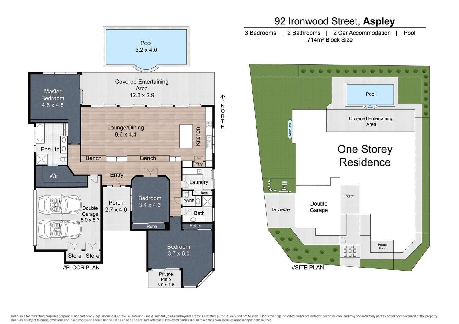 Single-storey floor plan of 3-bed 2-bath home at Aspley with pool and double garage.
