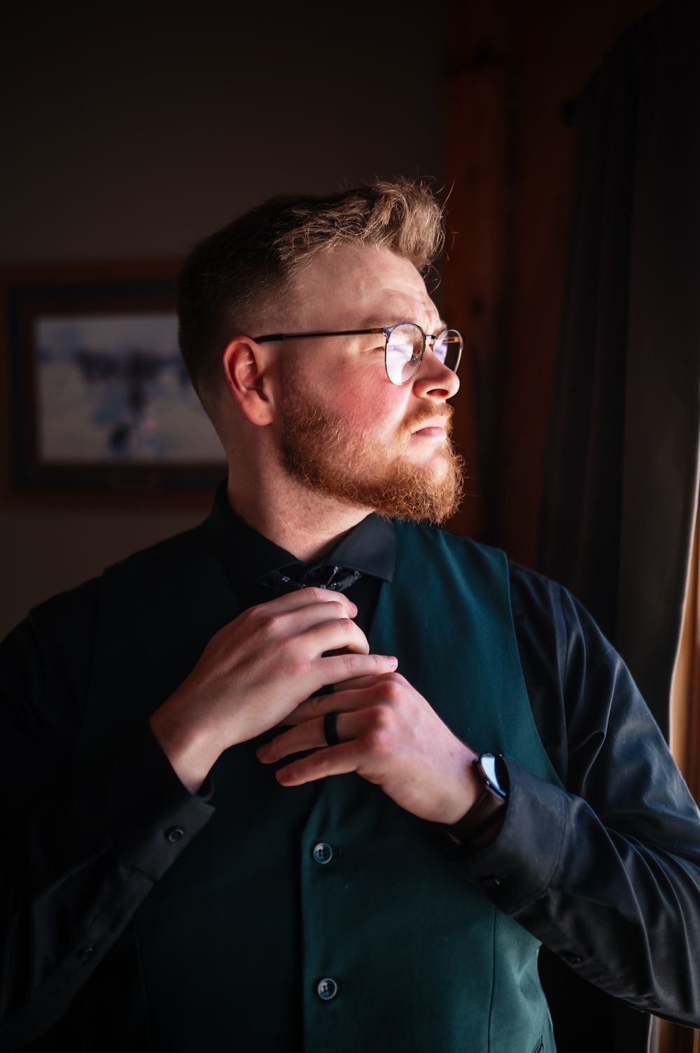 A person in a dark shirt thoughtfully touches their chin while looking away in a series of connected profile shots.