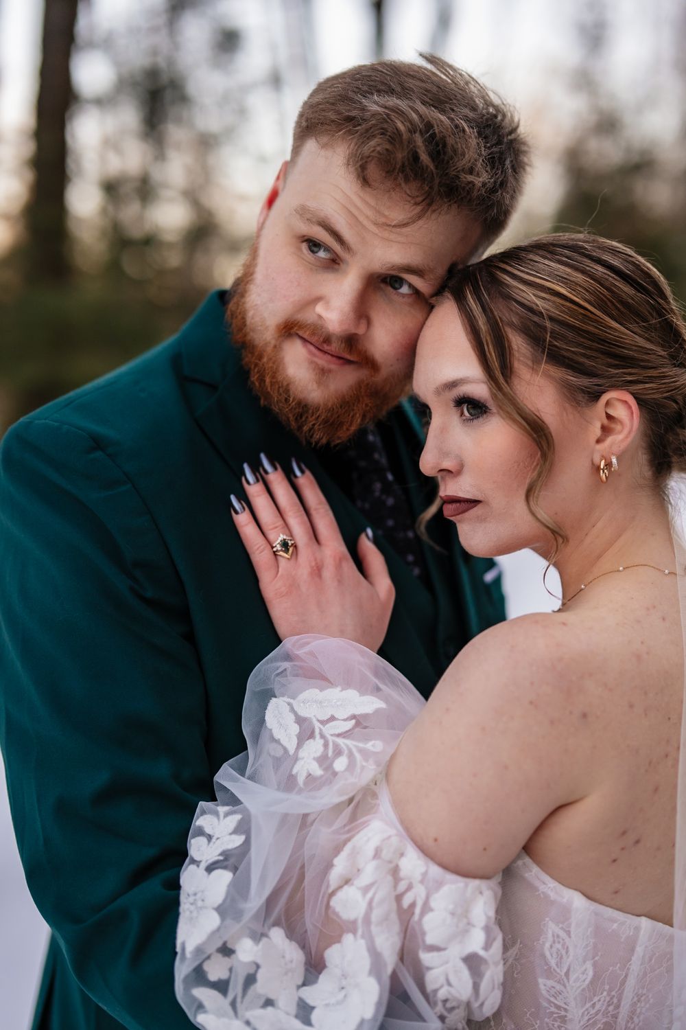 A romantic wedding photo series showing tender moments between a couple in a dark green suit and white dress.
