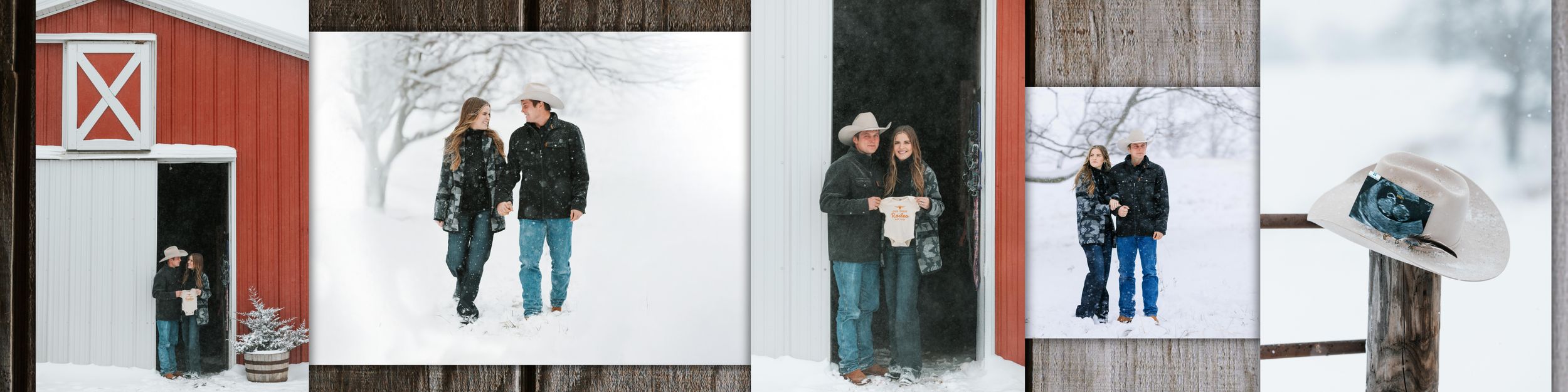 Couple walks hand-in-hand near a red barn in a snowy winter landscape during an engagement photo session.