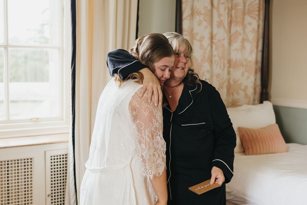 A series of intimate wedding moments captured in a soft, warm-toned setting showing emotional interactions.