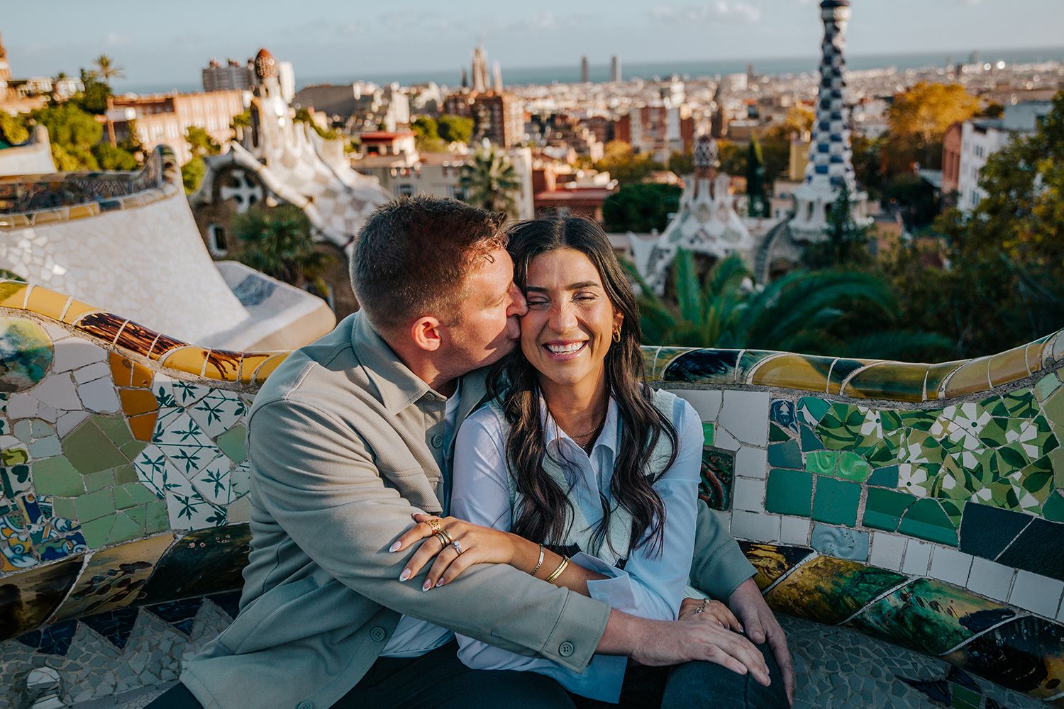 Surprise proposal at Park Güell in Barcelona during golden hour