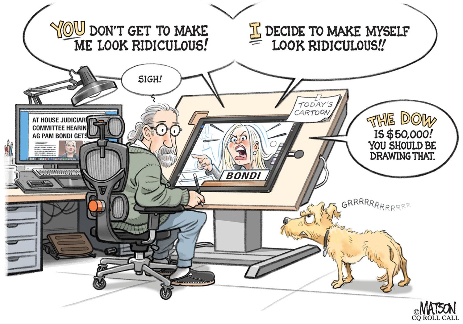 Political cartoon showing a cartoonist drawing Pam Bondi on TV while debating who looks more ridiculous.