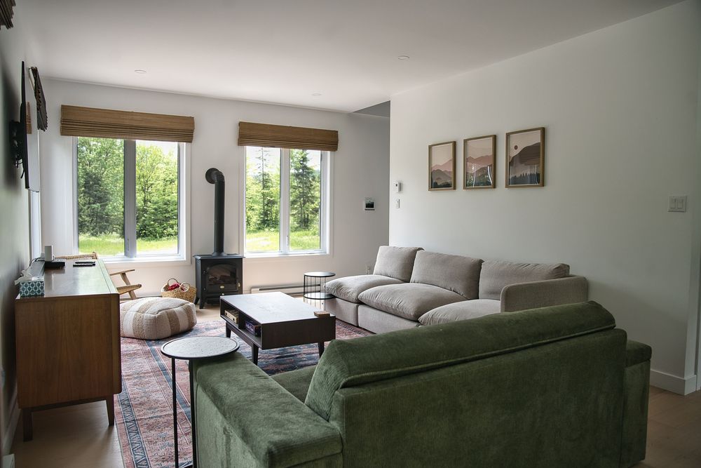Cozy living room with gray sofas, wood stove, patterned rug, and garden view window.