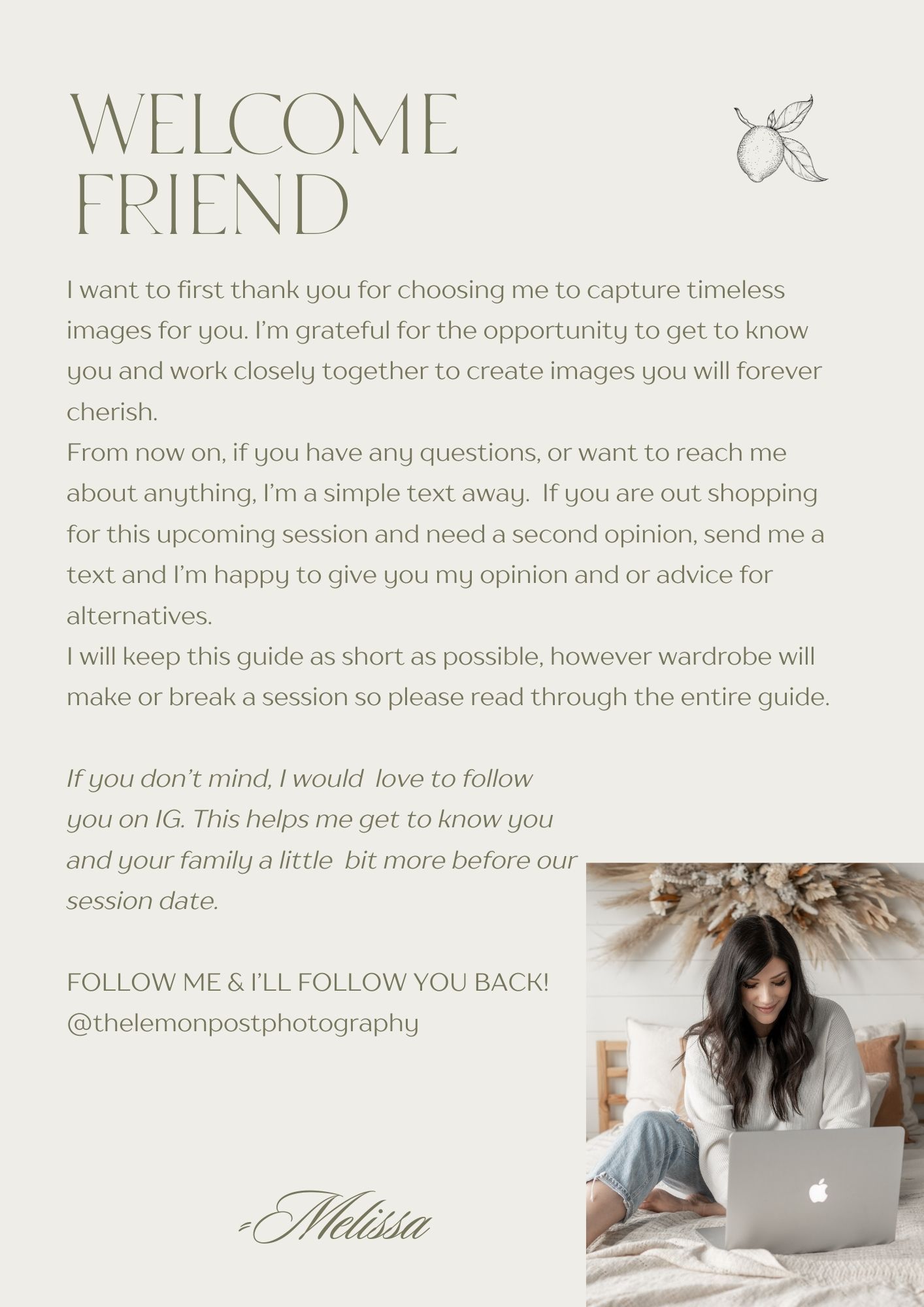 Welcome page design with elegant typography and decorative elements for a photography business website.