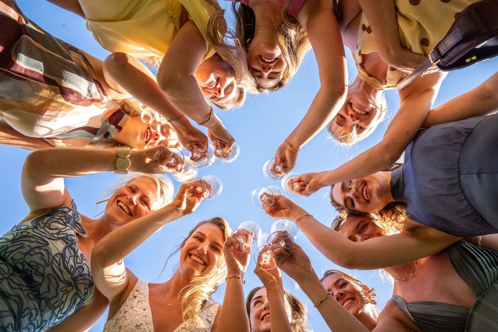 Group of smiling friends in a circle toasting with drinks, photographed from below against a blue sky.