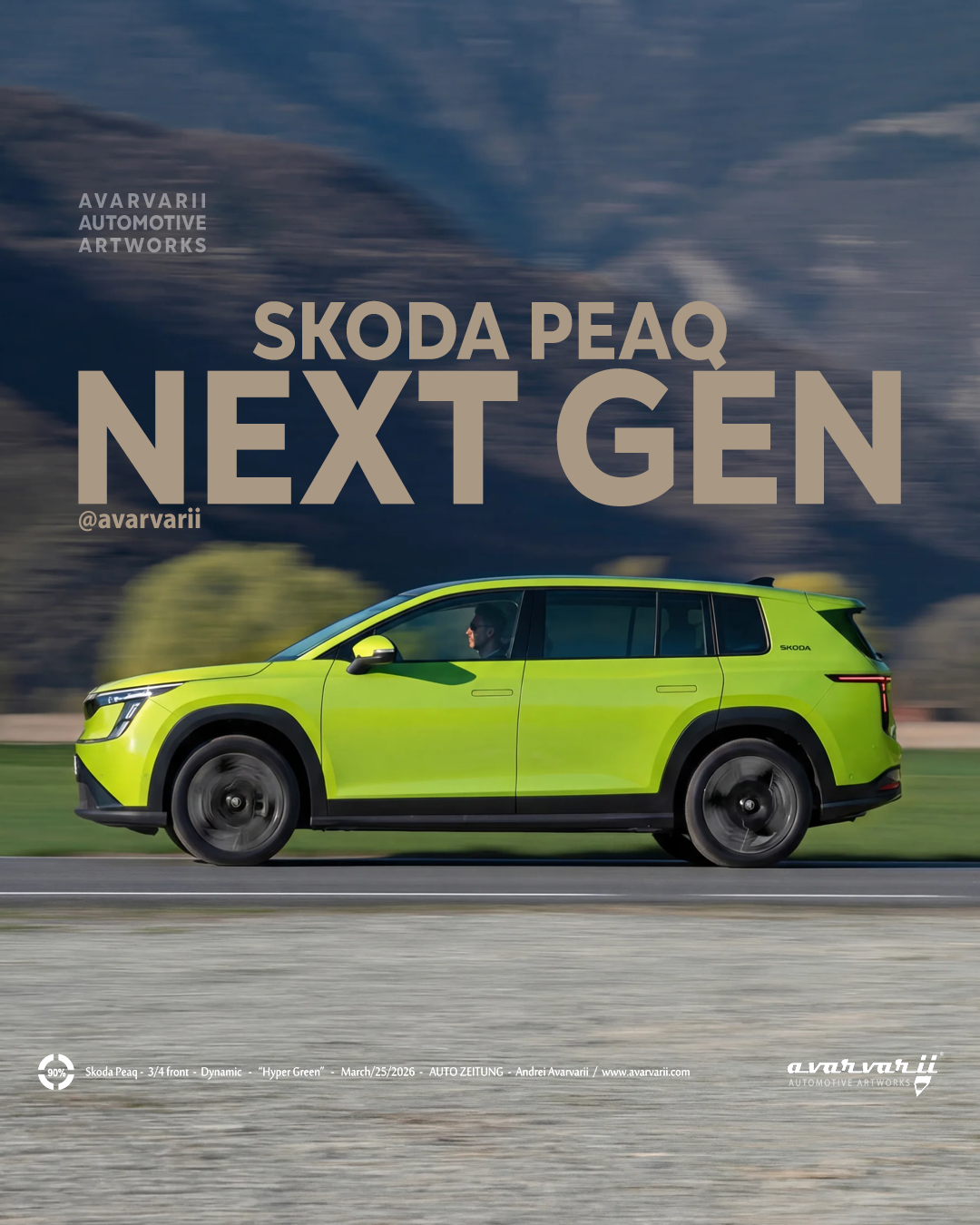 Skoda Peaq Next Gen electric SUV in vibrant lime green, showcased in a dynamic side profile shot by Avarvarii Automotive Artworks.