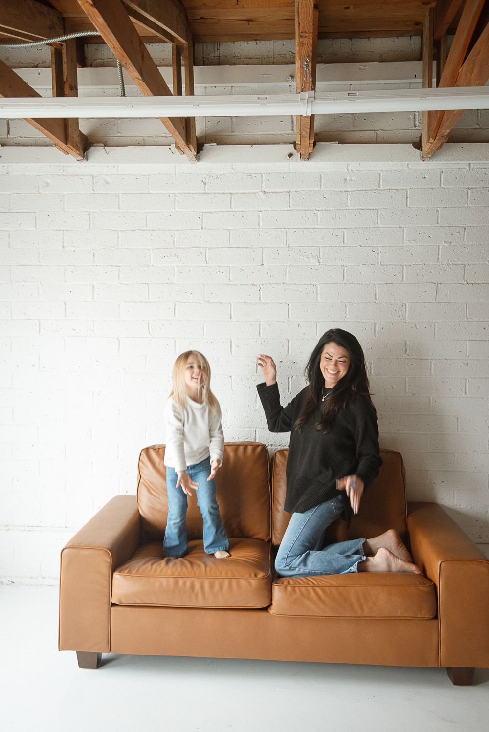 Four sequential photos showing a tan leather couch with people sitting in different positions and arrangements.
