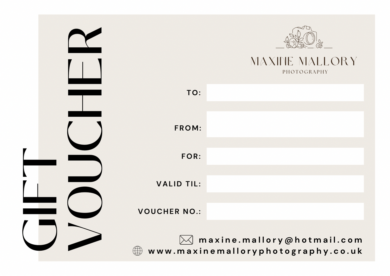 A minimalist design gift voucher template for Maxine Mallory photography with elegant typography and contact details.