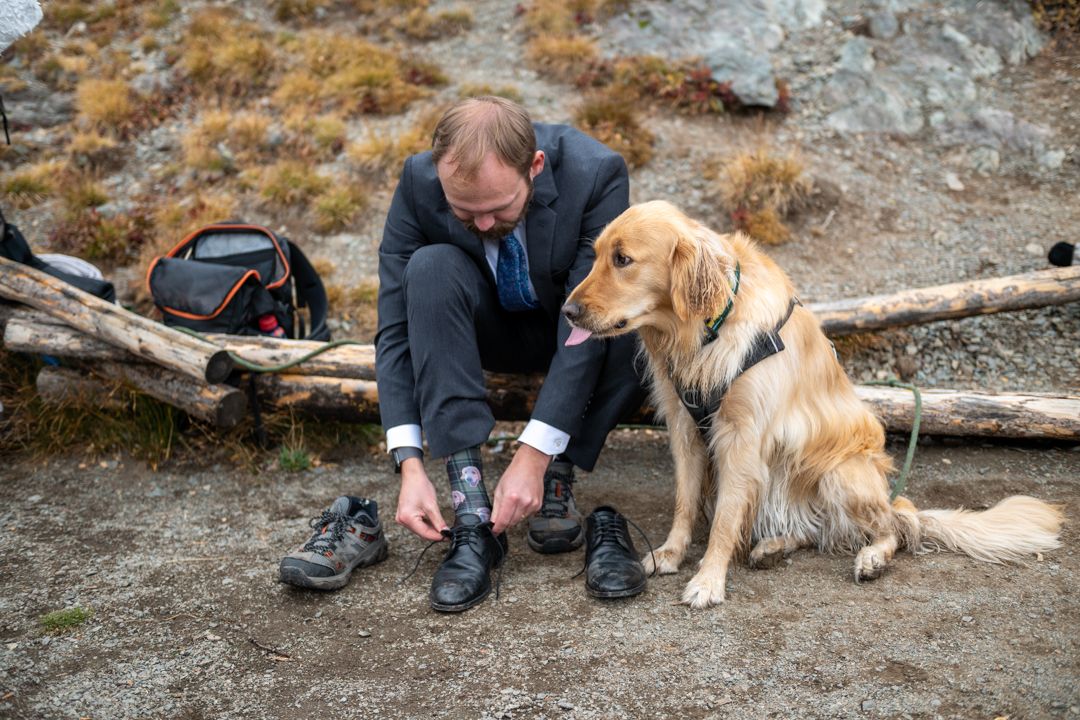 A groom sits on wooden fencing changing his shoes prior to his elopement wedding. His yellow Labrador dog sits by his side.