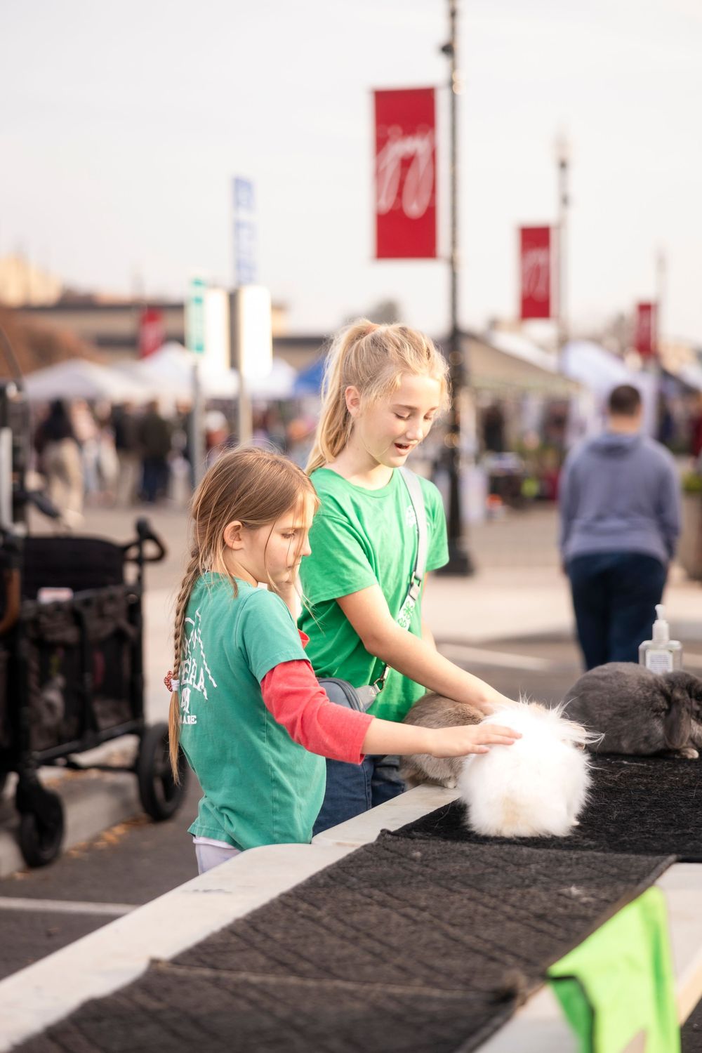Two children in green shirts pet cotton candy at an outdoor market with red banners visible in the background.