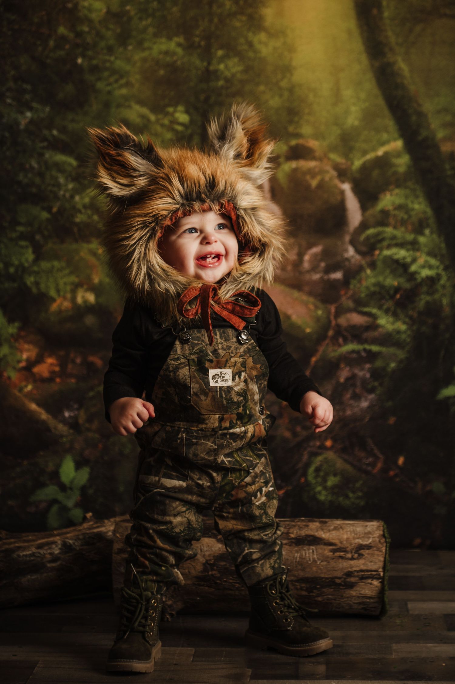 A series of action shots showing a small figure in camouflage clothing jumping and playing in a mystical forest setting.