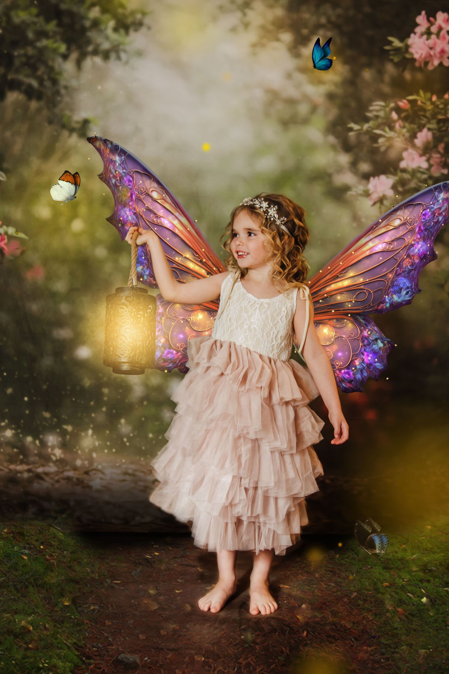 A magical fairy child in a pink ruffled dress holds a glowing lantern in an enchanted forest setting with sparkling lights.