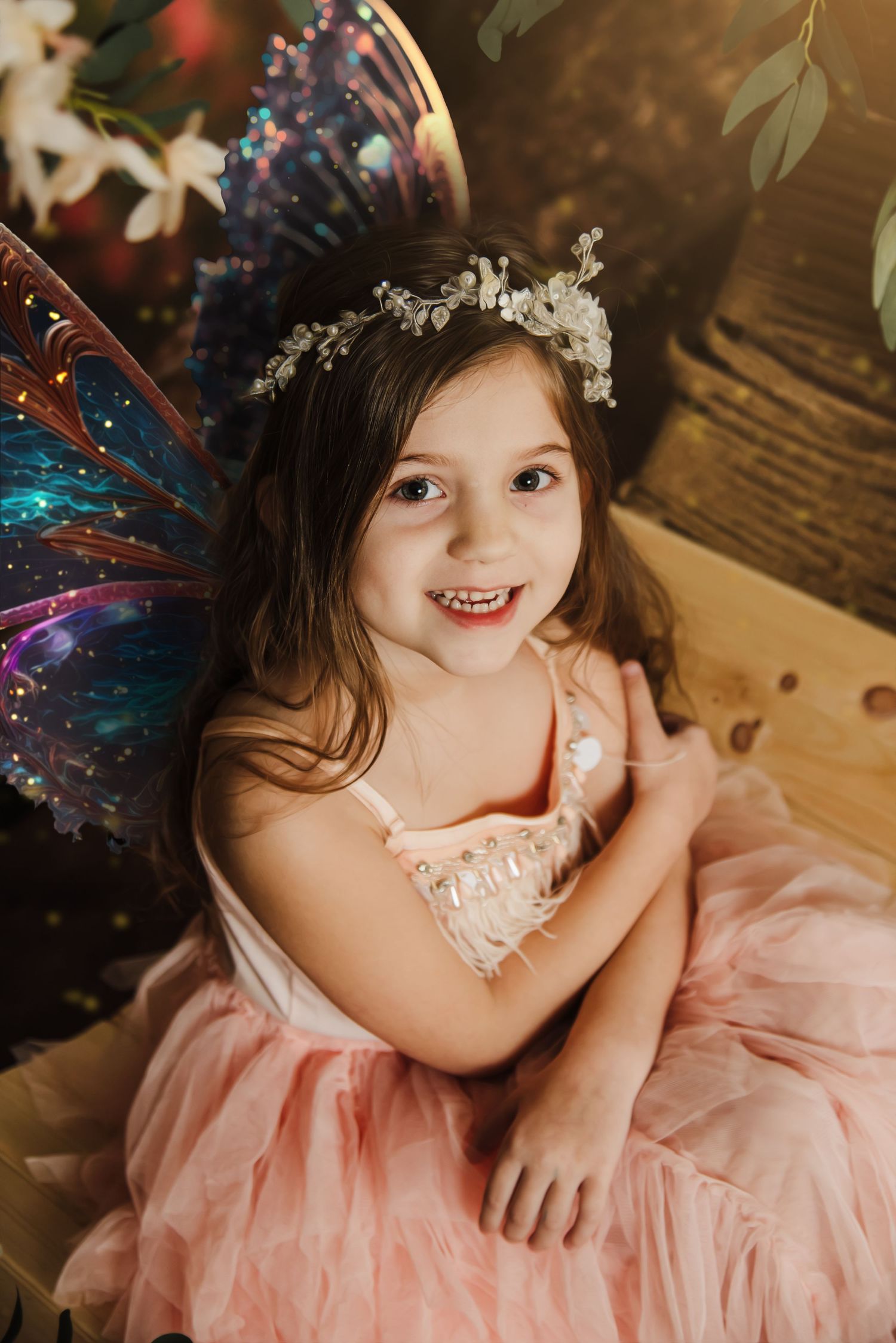 A child in a pink tulle dress and floral crown poses joyfully in a series of candid indoor portraits.