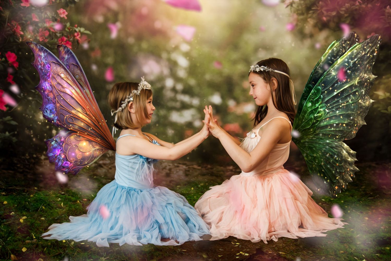 Two fairies in flowing dresses sit among pink flowers and magical sparkles in an enchanted garden setting.