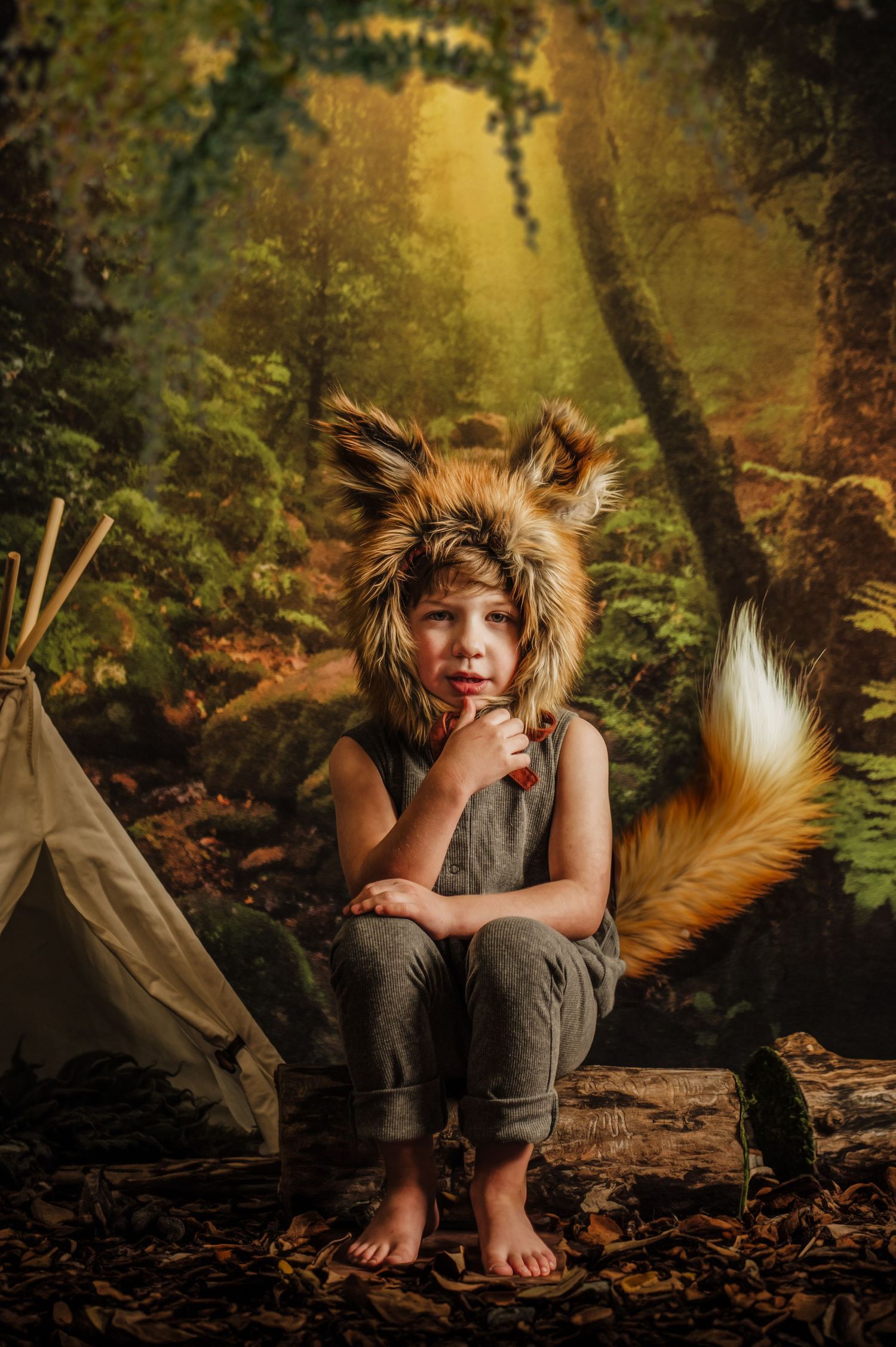 A whimsical woodland scene with fox ears and teepees in a magical forest setting during golden hour.