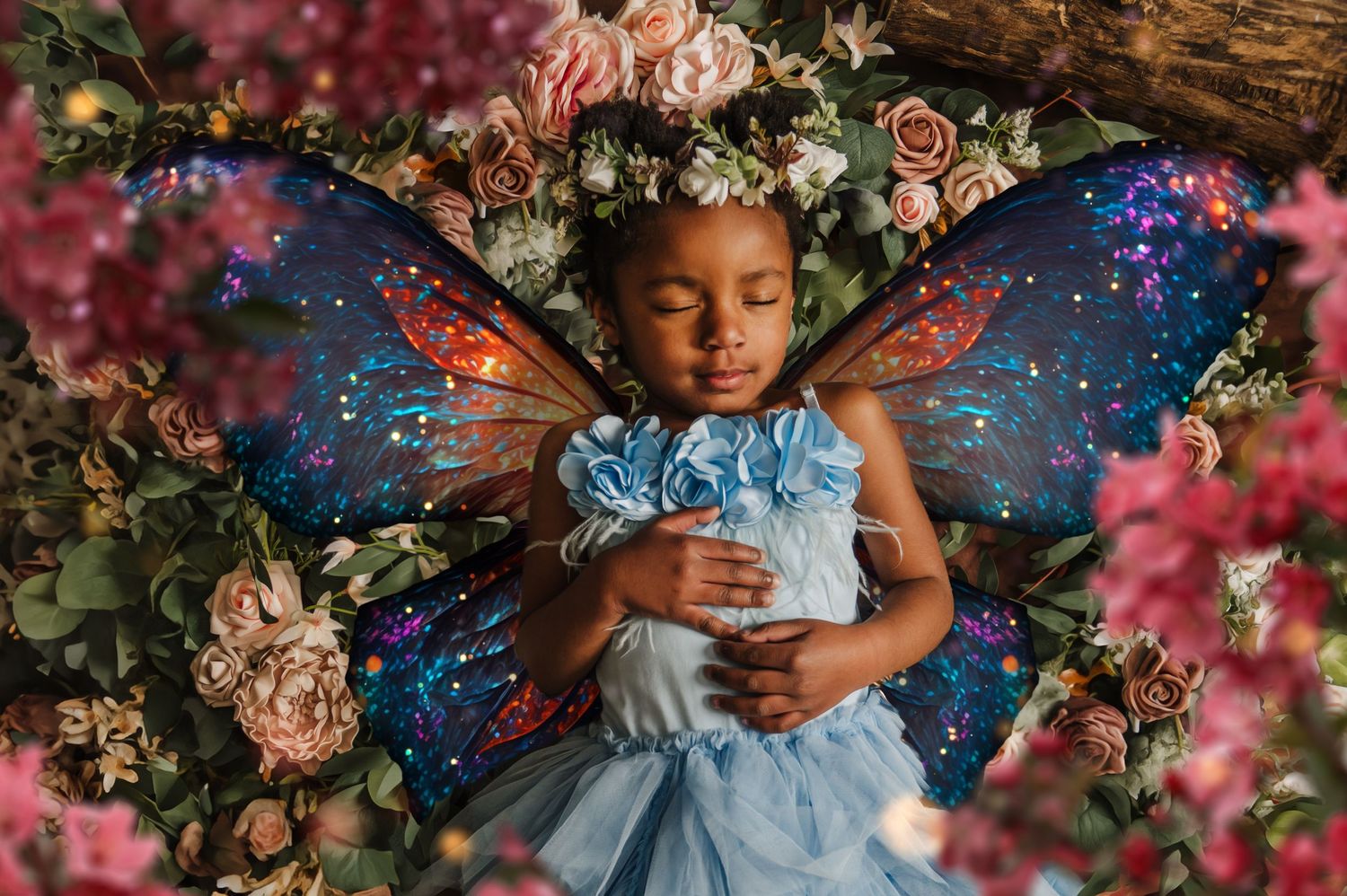 A dreamy spring photo session features soft pink blossoms and ethereal blue tulle dress details in an enchanted garden setting.