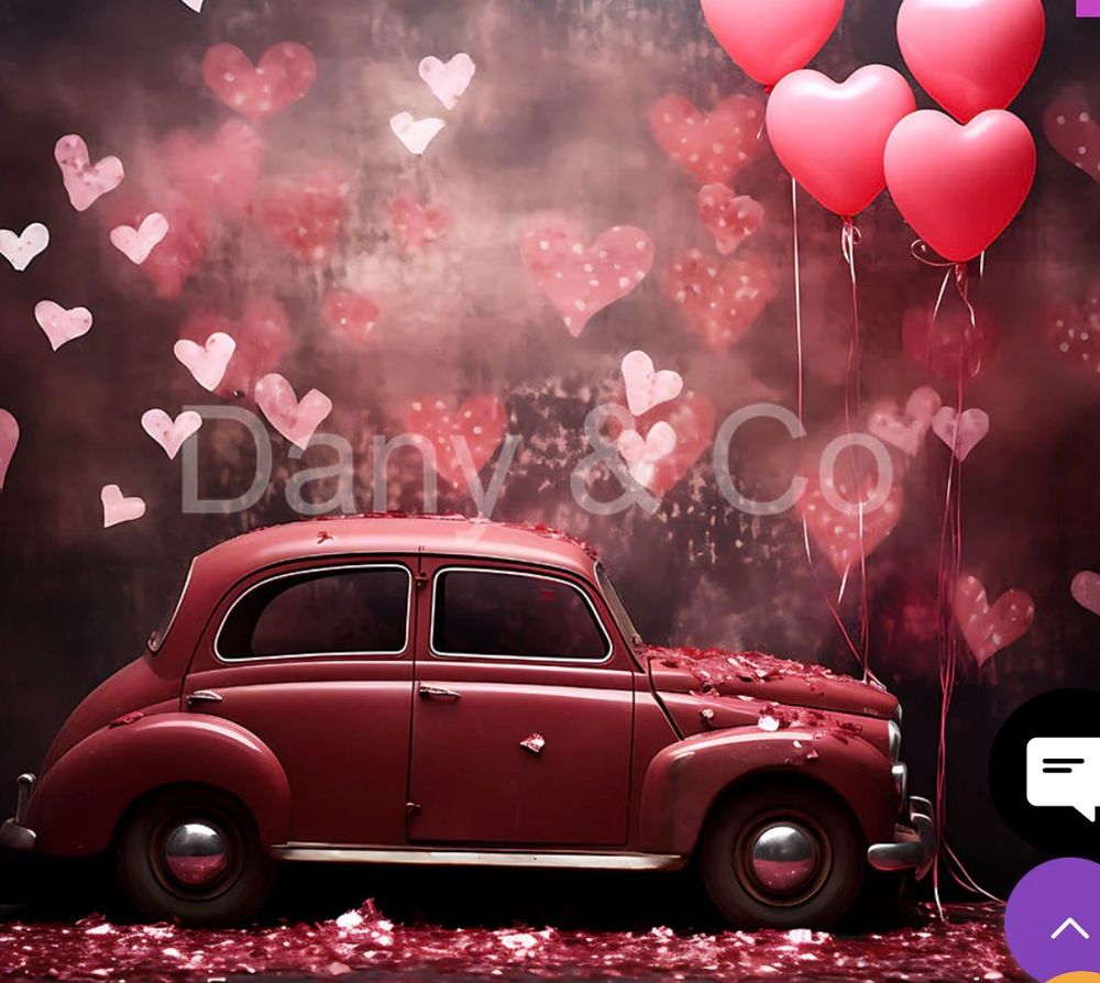 A vintage red car parked under floating heart-shaped balloons in a romantic pink and red atmosphere.
