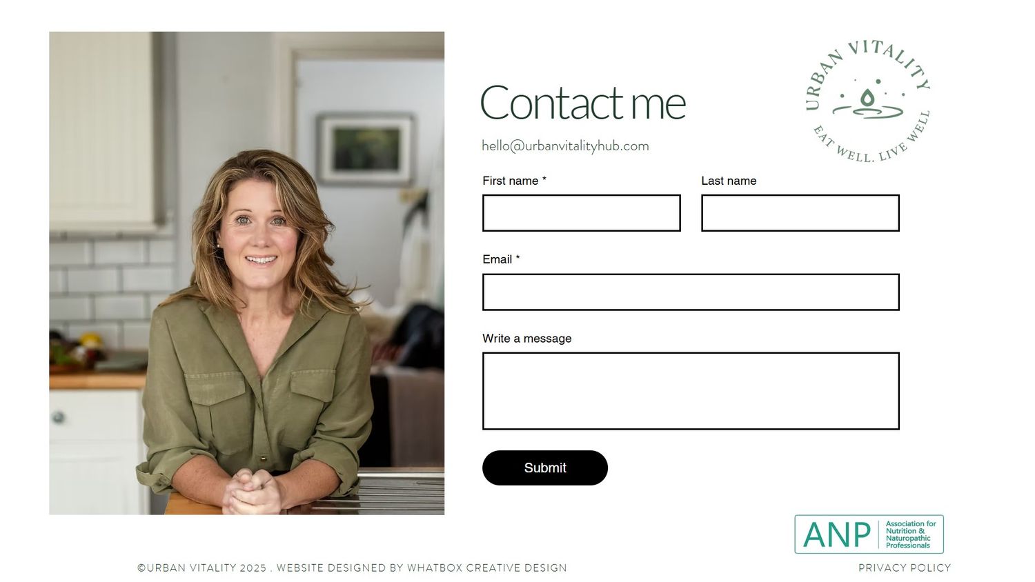 A modern website design mockup showing contact form elements and profile sections with a clean, minimalist layout.