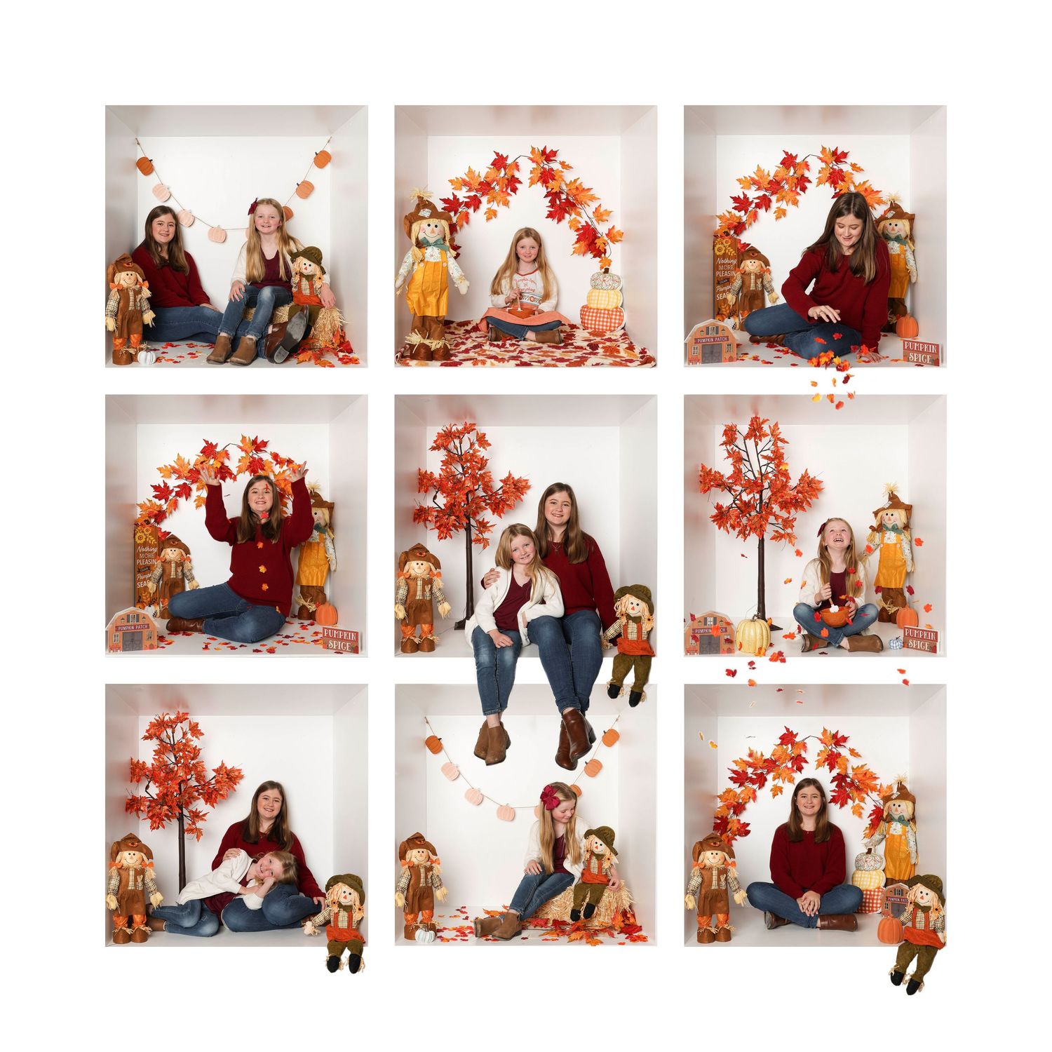 Family photo session with fall decorations and casual outfits in studio setting. Box photography session