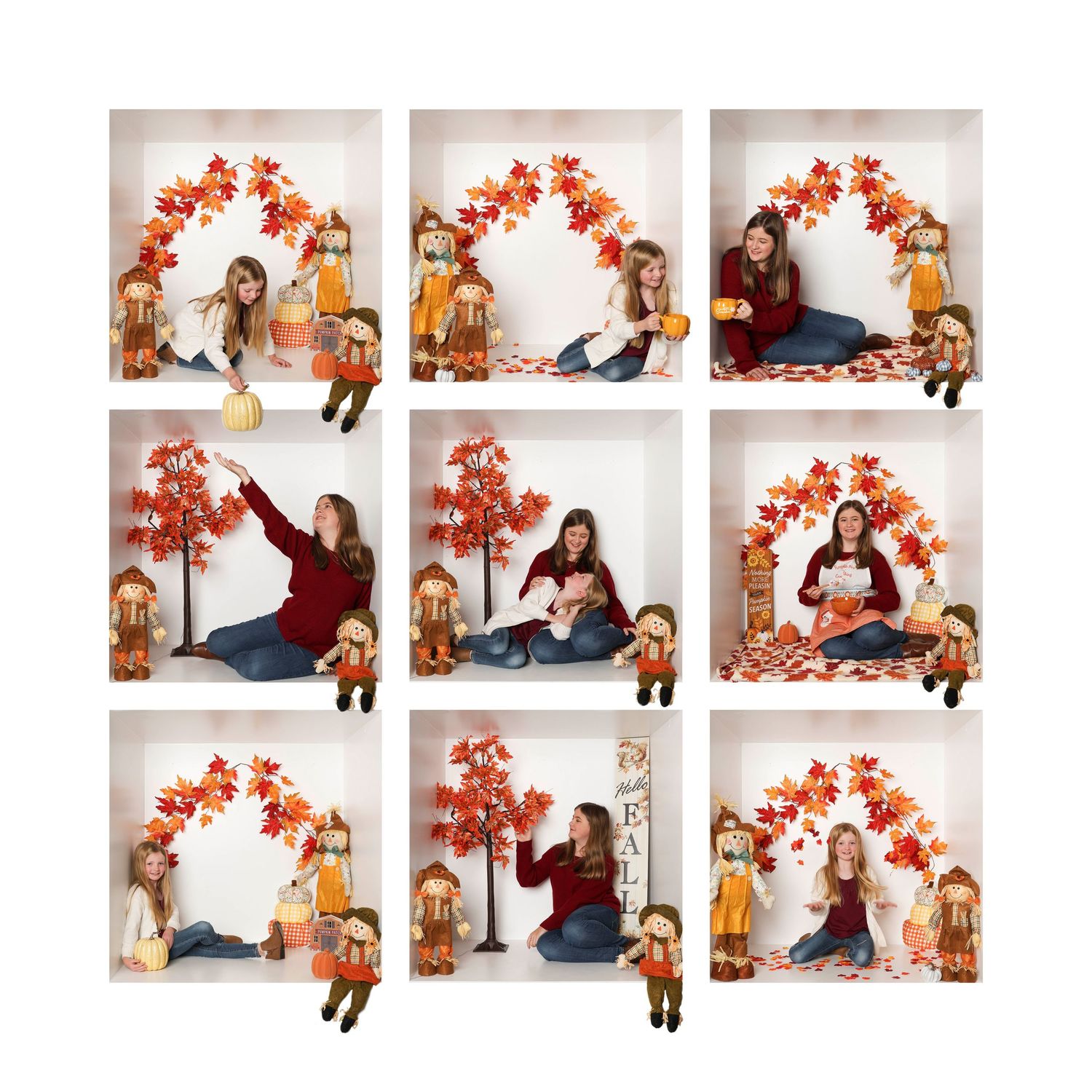Studio photography session with autumn leaves and casual poses on white background. Box photography session