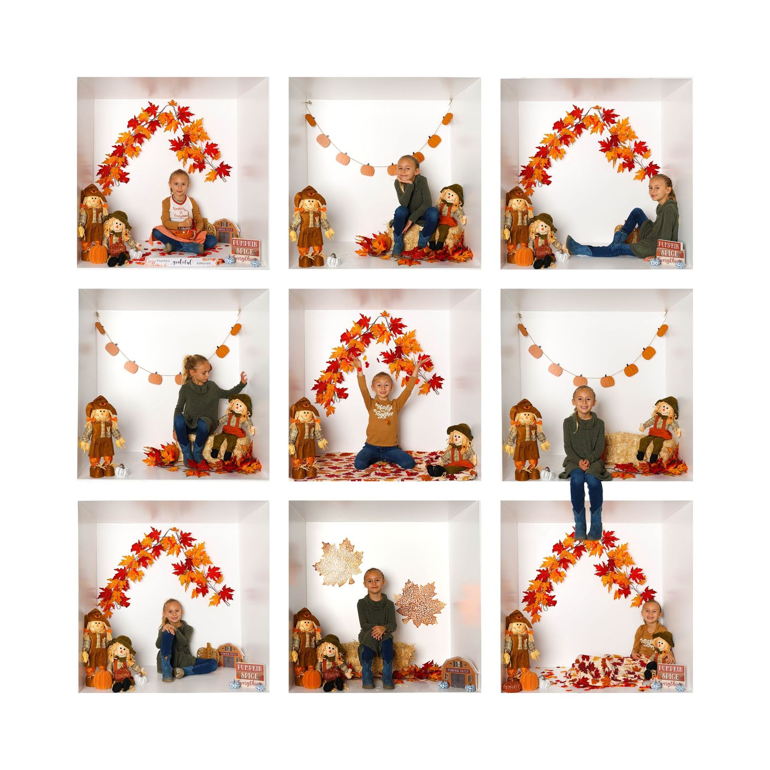 Fall-themed studio portraits with orange leaf decorations and casual attire. Box photography session