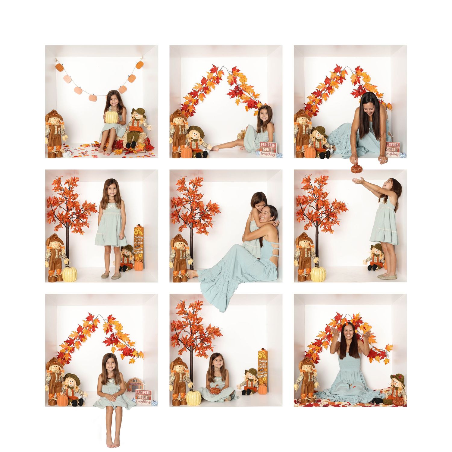 Lifestyle photoshoot with mint dress and autumn decorations in white studio setting. Box photography session